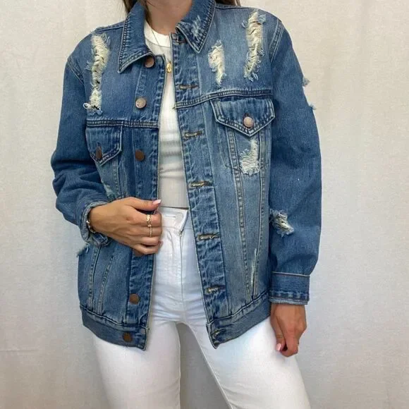 Tobi Oversized Distressed Blue Denim Jean Jacket - Picture 3 of 12